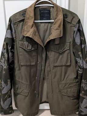 AllSaints Olive Field Jacket with Tan Collar and Camouflage Sleeves
